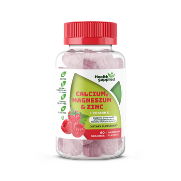 Health Supplied Calcium, Magnesium & Zinc + Vitamin D gummies, 60 count, raspberry