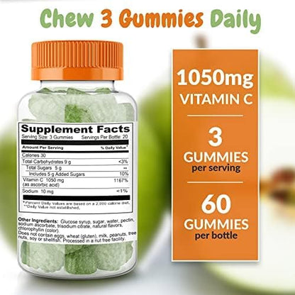 Vitamin C 1050mg Immune Support Gummies Daily Dietary Supplement Natural Yummy Sour Apple Flavor Vegan Plant Based Pectin Adult Men Woman Teens & Kids 120 Count (Pack of 2)