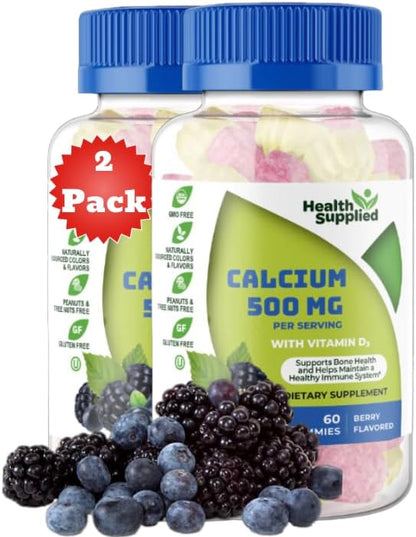Calcium 500mg with Vitamin D3 1000 IU Gummies | Daily Dietary Supplement | Bone Strength, Growth, Teeth | Adults Teens Kids | Great Tasting Natural Fruit Flavor 120 Count (Pack of 2), Fruit Flavor