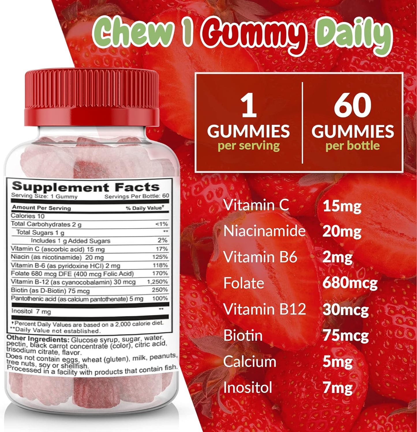 Super Vitamin B Complex Gummies with C 120 Count B6 B12 - Niacinamide - Folic Acid - Biotin and Calcium - Supports Energy Metabolism and Nerve System Support, Chewable Gummy Strawberry Flavor