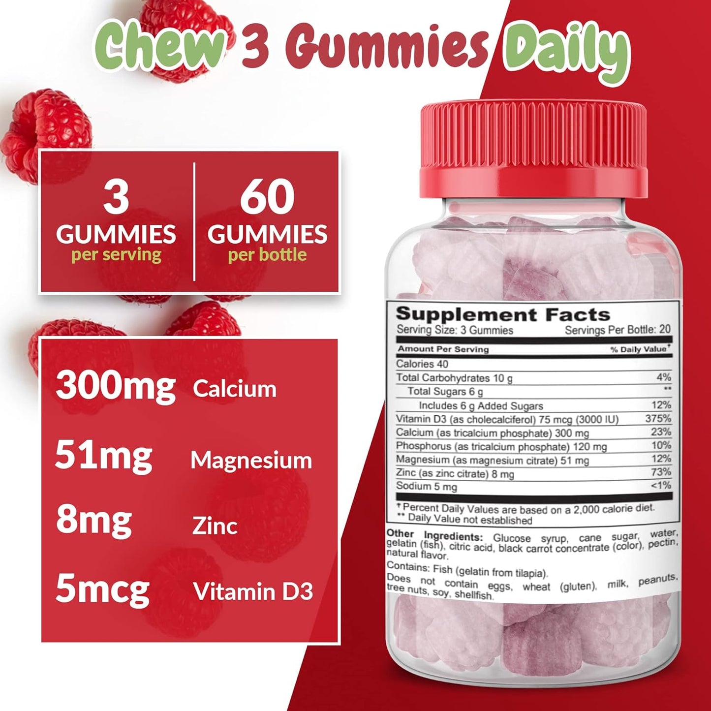 Calcium Magnesium & Zinc + Vitamin D Gummies | Bone Health Immune Health Energy and Muscle Function | Daily Dietary Vitamin Supplement | for Adults, Teens | Fruity Raspberry Flavor