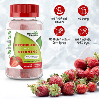 Super Vitamin B Complex Gummies with C 120 Count B6 B12 - Niacinamide - Folic Acid - Biotin and Calcium - Supports Energy Metabolism and Nerve System Support, Chewable Gummy Strawberry Flavor