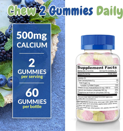 Calcium 500mg with Vitamin D3 1000 IU Gummies | Daily Dietary Supplement | Bone Strength, Growth, Teeth | Adults Teens Kids | Great Tasting Natural Fruit Flavor 120 Count (Pack of 2), Fruit Flavor