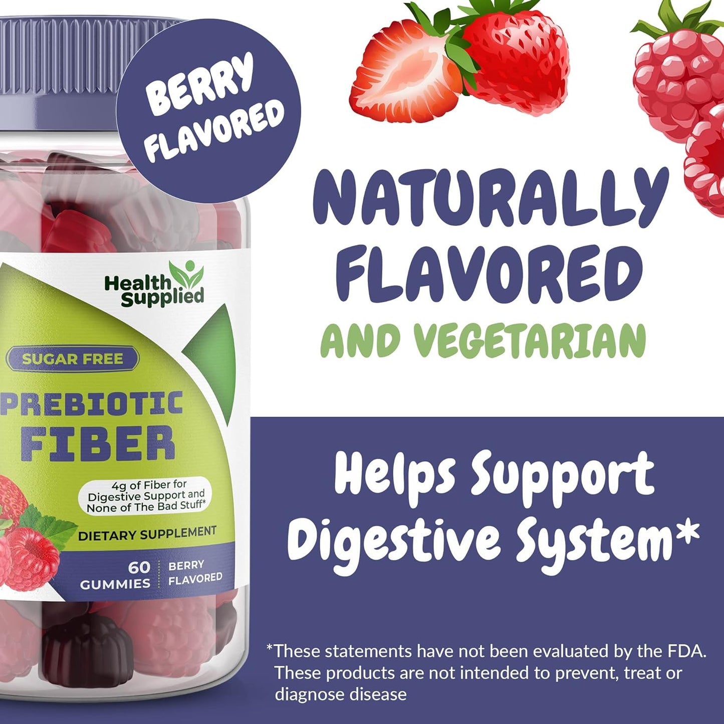 Fiber Prebiotic Gummies Sugar Free, Keto Friendly 2 Pack | Gut Cleansing, Digestive Health Regularity Support, Constipation Relief | Vegan Dietary Supplements, | Natural Berry Flavor